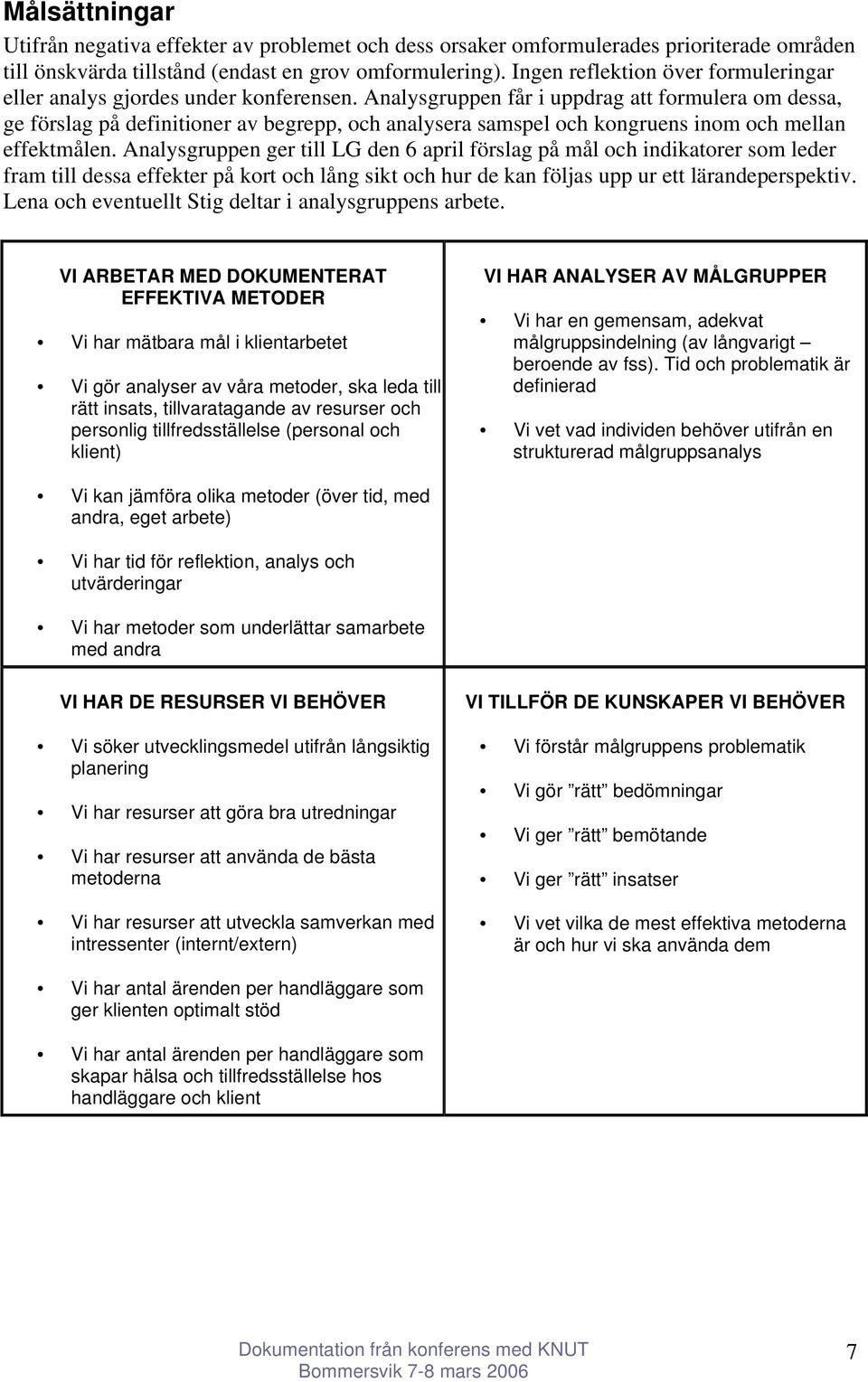 Analysgruppen får i uppdrag att formulera om dessa, ge förslag på definitioner av begrepp, och analysera samspel och kongruens inom och mellan effektmålen.