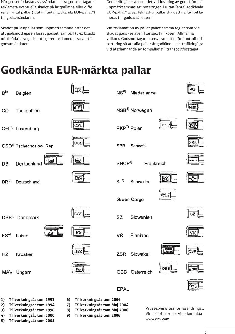 Generellt gäller att om det vid lossning av gods från pall uppmärksammas att noteringen i rutan antal godkända EUR-pallar avser felmärkta pallar ska detta alltid reklameras till godsavsändaren.