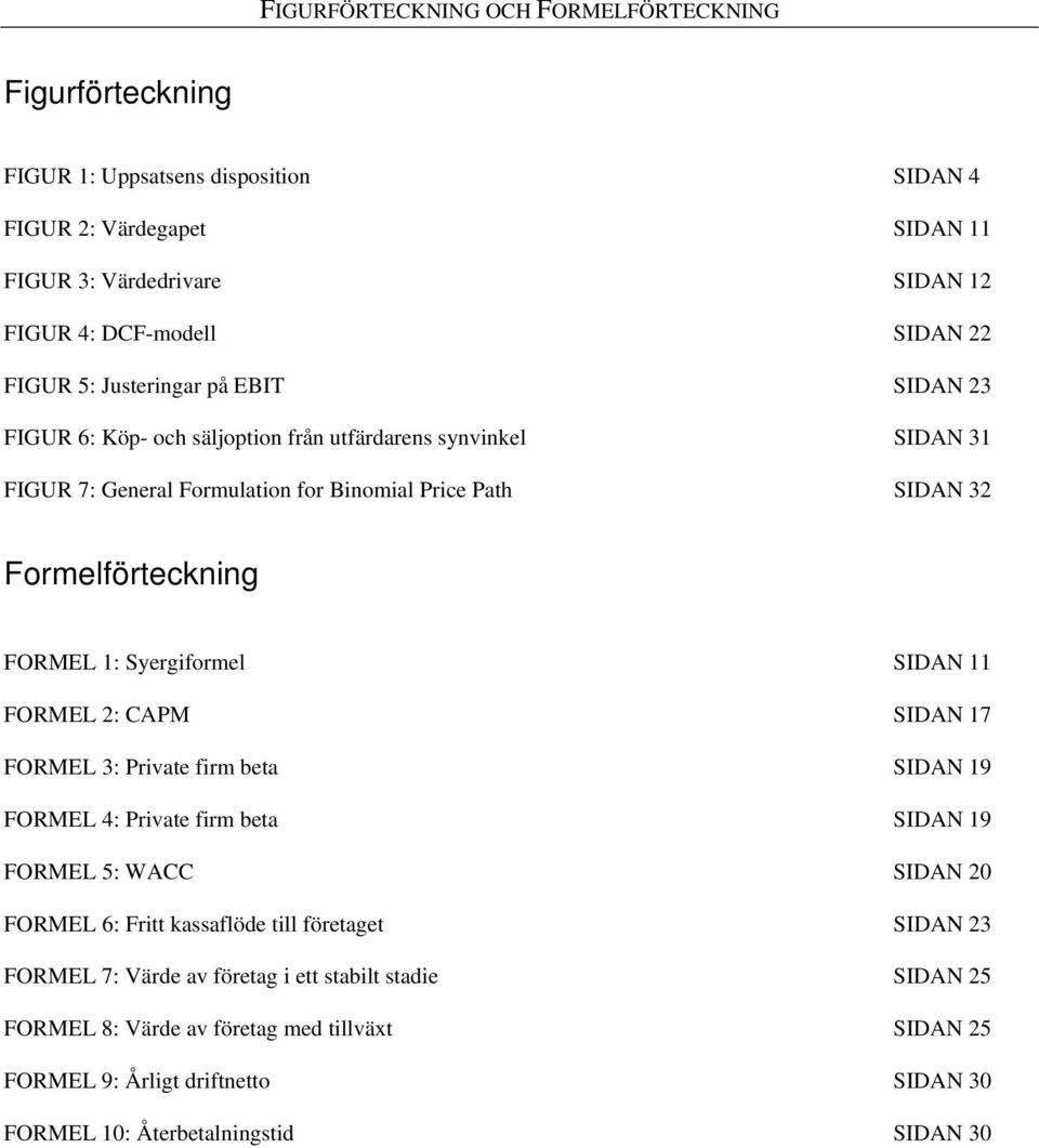 FORMEL 1: Syergiformel SIDAN 11 FORMEL 2: CAPM SIDAN 17 FORMEL 3: Private firm beta SIDAN 19 FORMEL 4: Private firm beta SIDAN 19 FORMEL 5: WACC SIDAN 20 FORMEL 6: Fritt kassaflöde till