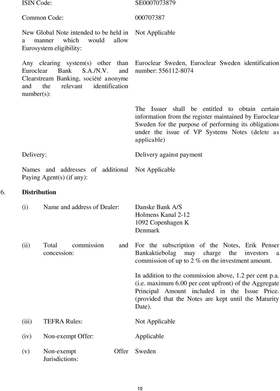 to obtain certain information from the register maintained by Euroclear Sweden for the purpose of performing its obligations under the issue of VP Systems Notes (delete as applicable) Delivery: Names