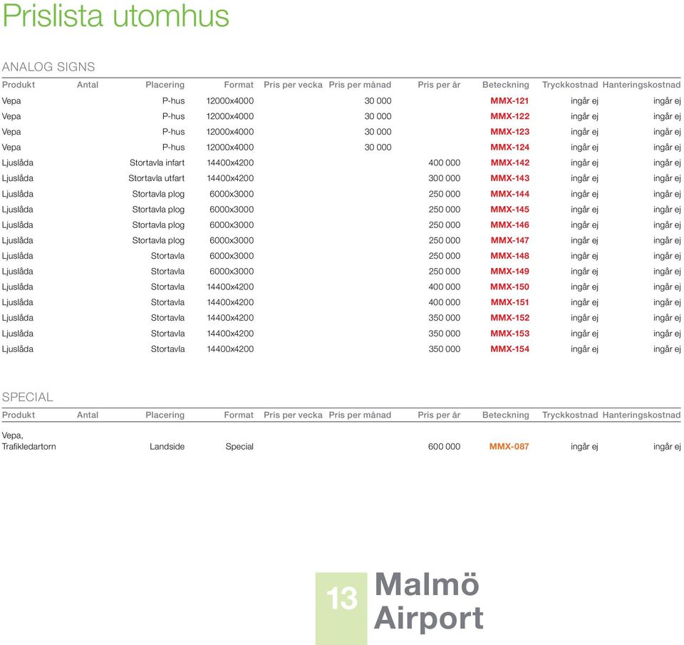 14400x4200 400 000 MMX-142 ingår ej ingår ej Ljuslåda Stortavla utfart 14400x4200 300 000 MMX-143 ingår ej ingår ej Ljuslåda Stortavla plog 6000x3000 250 000 MMX-144 ingår ej ingår ej Ljuslåda