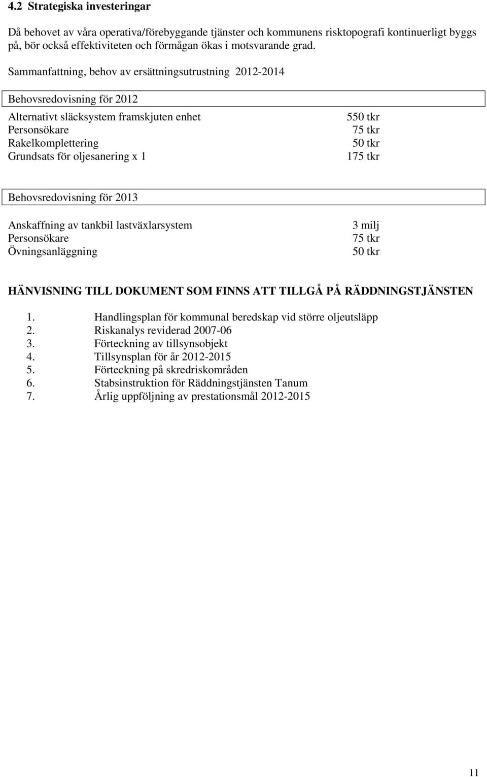 tkr 50 tkr 175 tkr Behovsredovisning för 2013 Anskaffning av tankbil lastväxlarsystem Personsökare Övningsanläggning 3 milj 75 tkr 50 tkr HÄNVISNING TILL DOKUMENT SOM FINNS ATT TILLGÅ PÅ