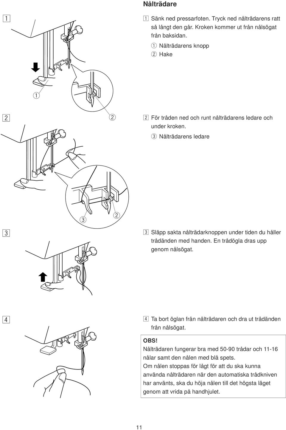 En tådögla das upp gnom nålsögat. v v Ta bot öglan fån nåltädan och da ut tådändn fån nålsögat.