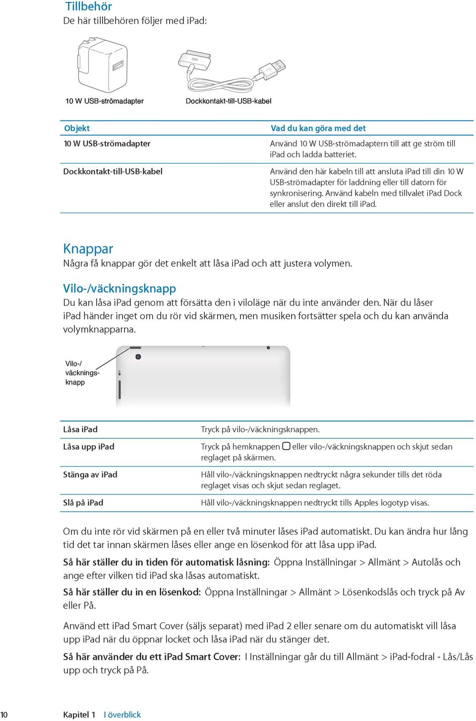 Använd kabeln med tillvalet ipad Dock eller anslut den direkt till ipad. Knappar Några få knappar gör det enkelt att låsa ipad och att justera volymen.