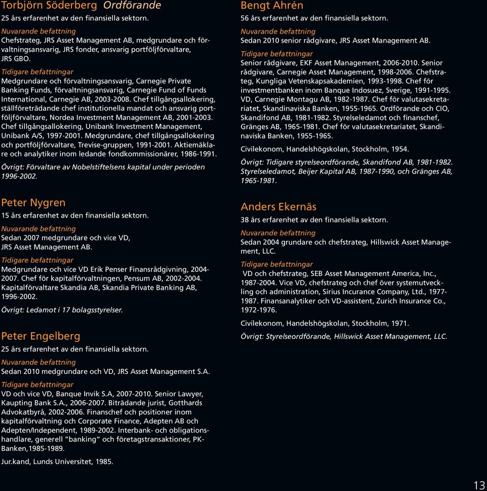 Tidigare befattningar Medgrundare och förvaltningsansvarig, Carnegie Private Banking Funds, förvaltningsansvarig, Carnegie Fund of Funds International, Carnegie AB, 2003-2008.