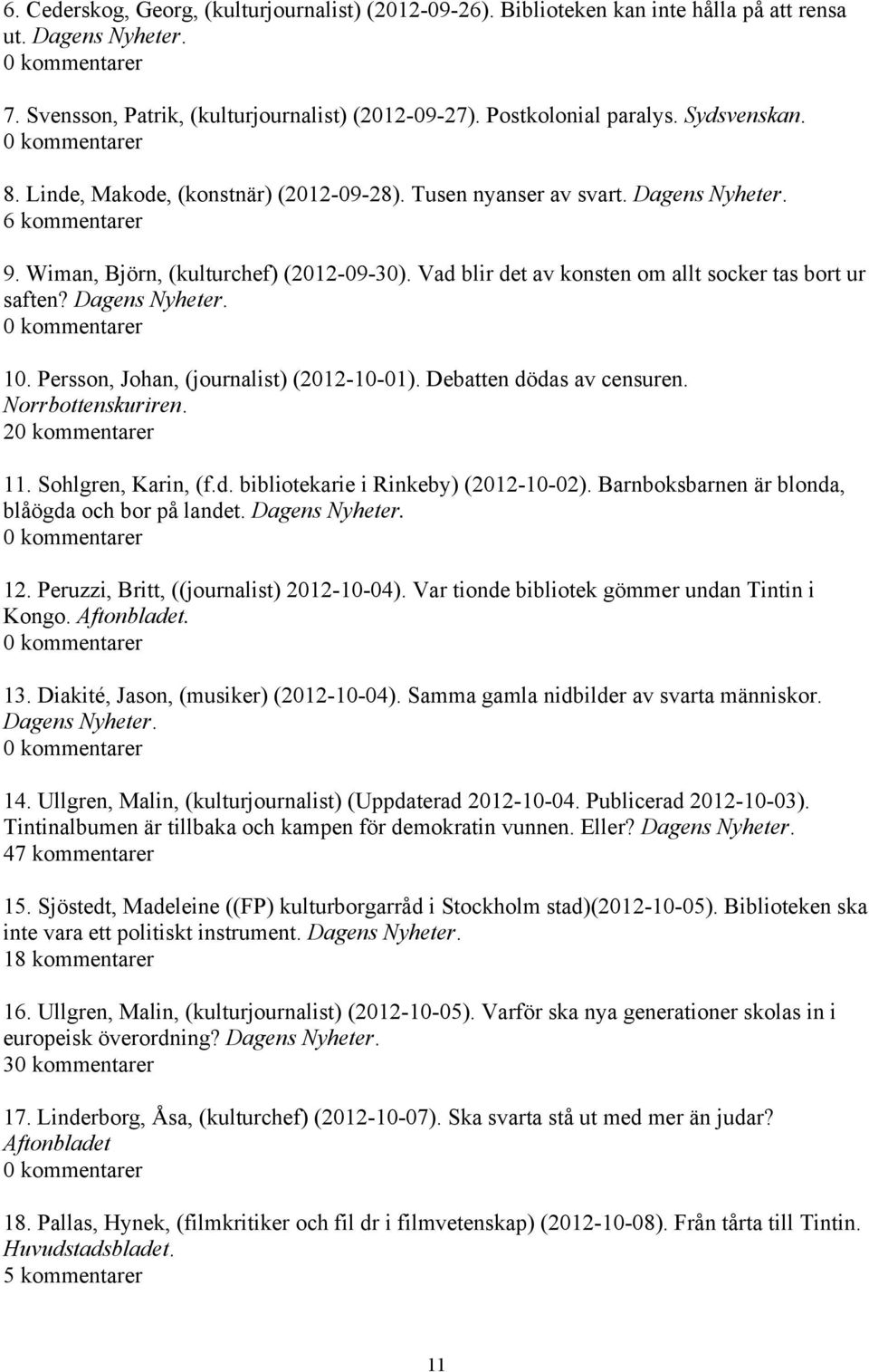 Vad blir det av konsten om allt socker tas bort ur saften? Dagens Nyheter. 0 kommentarer 10. Persson, Johan, (journalist) (2012-10-01). Debatten dödas av censuren. Norrbottenskuriren.