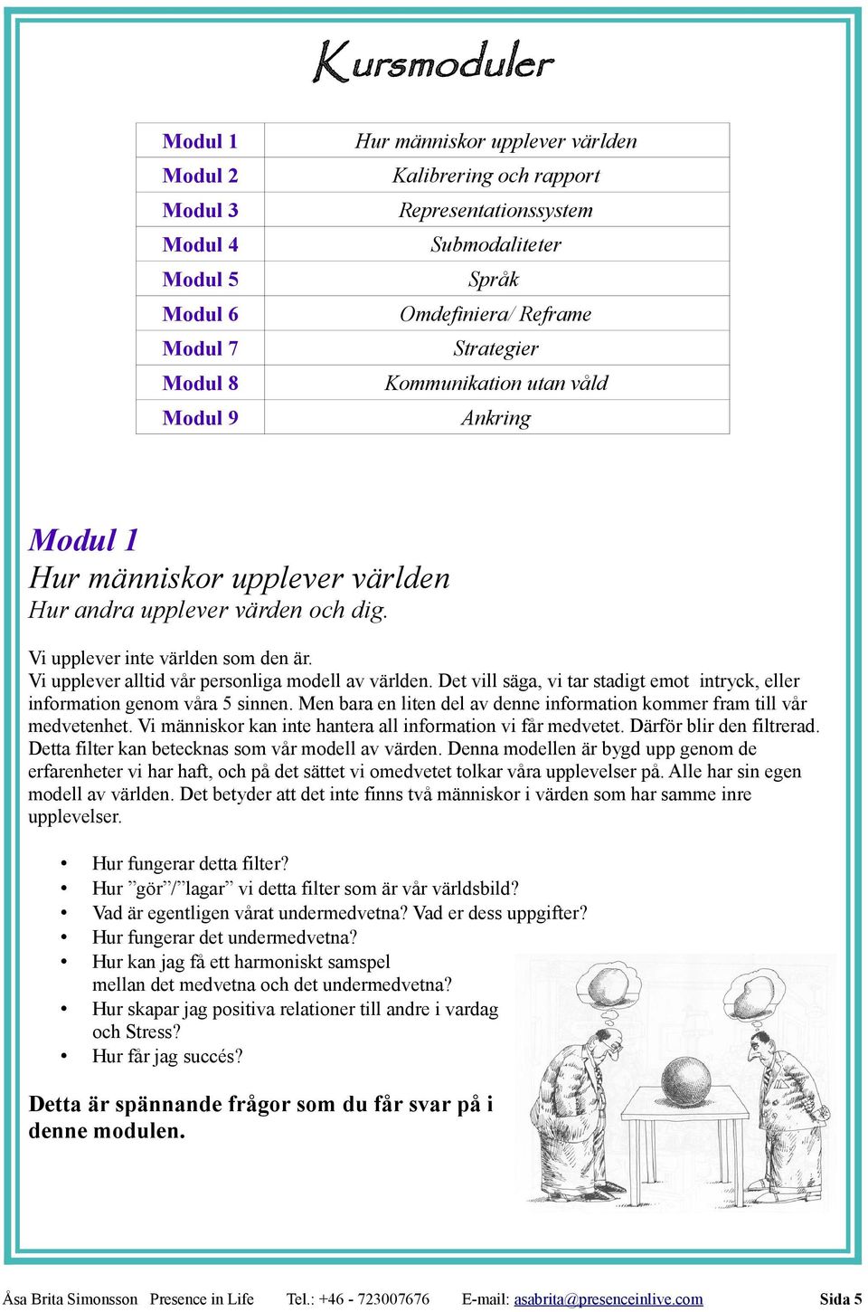 Vi upplever alltid vår personliga modell av världen. Det vill säga, vi tar stadigt emot intryck, eller information genom våra 5 sinnen.