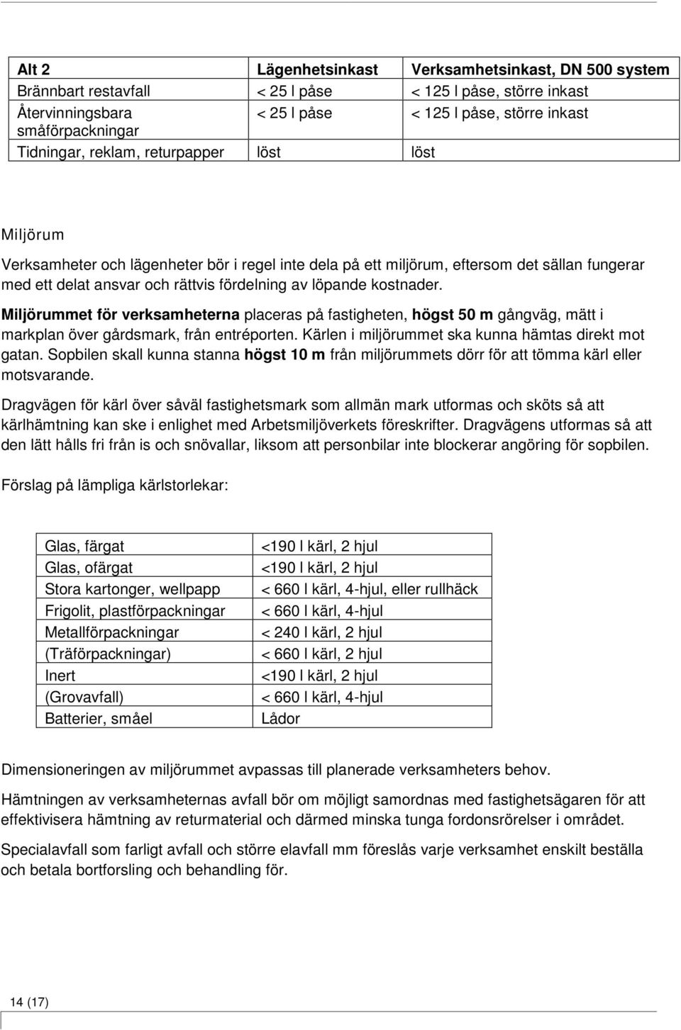 löpande kostnader. Miljörummet för verksamheterna placeras på fastigheten, högst 50 m gångväg, mätt i markplan över gårdsmark, från entréporten. Kärlen i miljörummet ska kunna hämtas direkt mot gatan.