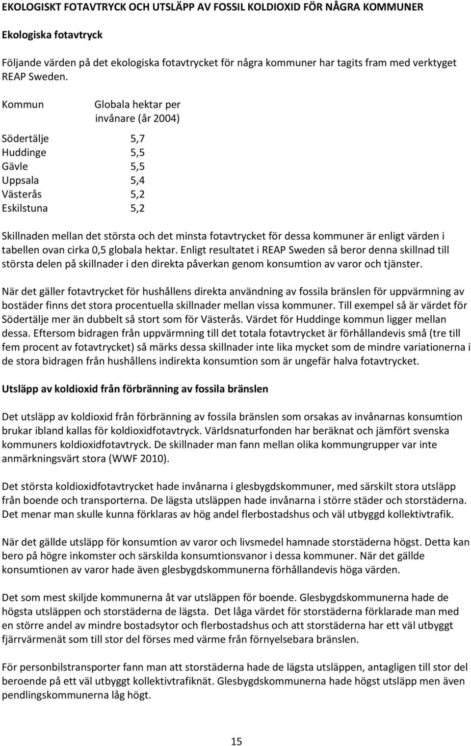 Kommun Globala hektar per invånare (år 2004) Södertälje 5,7 Huddinge 5,5 Gävle 5,5 Uppsala 5,4 Västerås 5,2 Eskilstuna 5,2 Skillnaden mellan det största och det minsta fotavtrycket för dessa kommuner