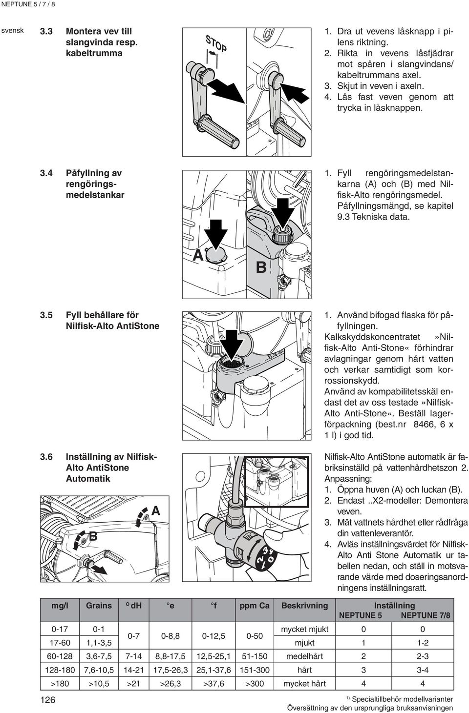 Påfyllningsmängd, se kapitel 9.3 Tekniska data. A B 3.5 Fyll behållare för Nilfisk-Alto AntiStone 3.6 Inställning av Nilfisk- Alto AntiStone Automatik B A 3012 4 1.