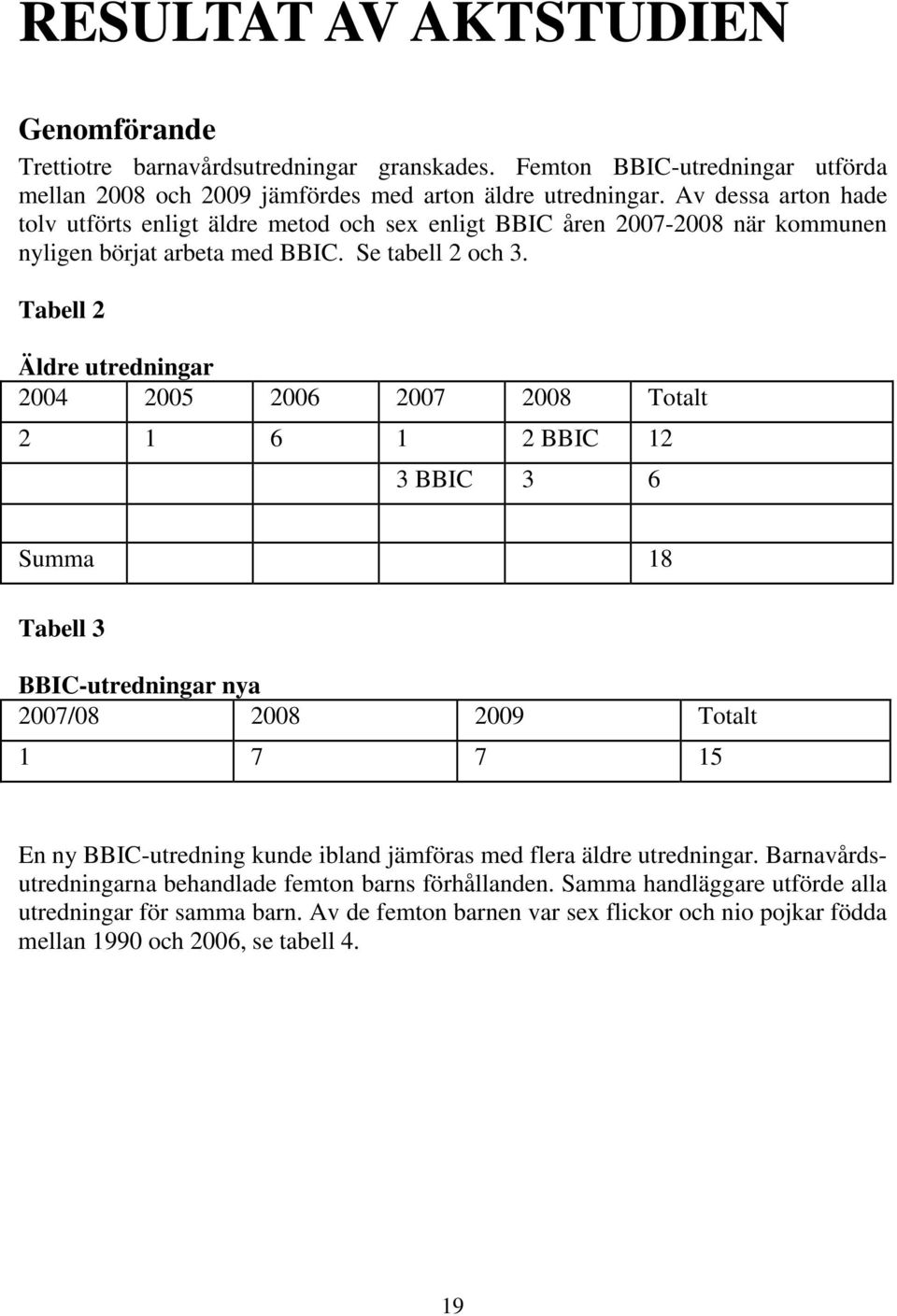 Tabell 2 Äldre utredningar 2004 2005 2006 2007 2008 Totalt 2 1 6 1 2 BBIC 12 3 BBIC 3 6 Summa 18 Tabell 3 BBIC-utredningar nya 2007/08 2008 2009 Totalt 1 7 7 15 En ny BBIC-utredning kunde