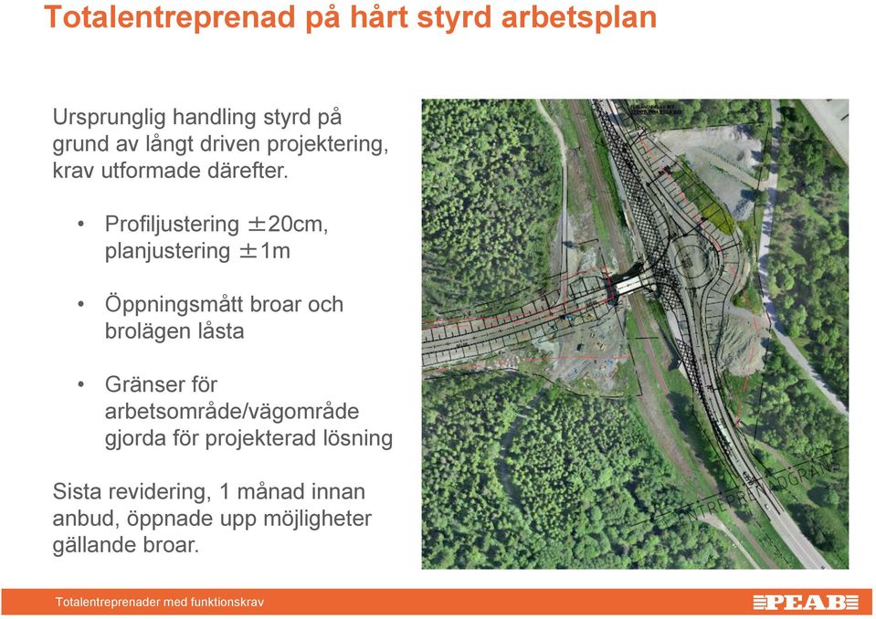 Profiljustering ±20cm, planjustering ±1m Öppningsmått broar och brolägen låsta Gränser