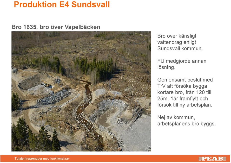 Gemensamt beslut med TrV att försöka bygga kortare bro, från 120 till 25m.