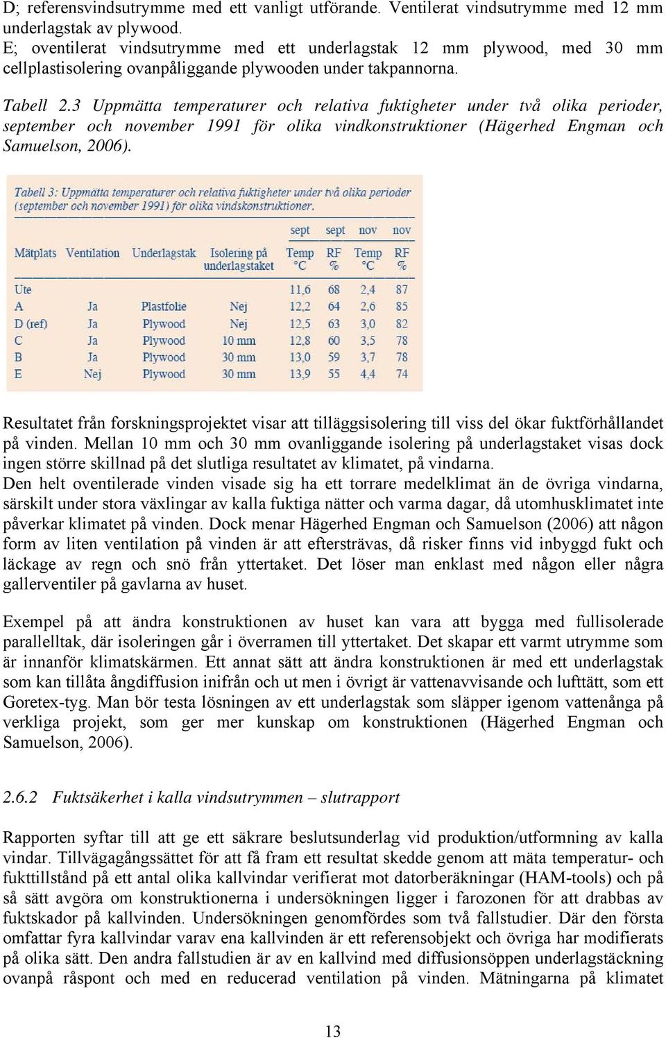 3 Uppmätta temperaturer och relativa fuktigheter under två olika perioder, september och november 1991 för olika vindkonstruktioner (Hägerhed Engman och Samuelson, 2006).