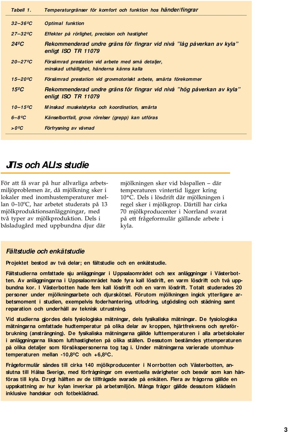 påverkan av kyla enligt ISO TR 1179 2 27ºC Försämrad prestation vid arbete med små detaljer, minskad uthållighet, händerna känns kalla 15 2ºC Försämrad prestation vid grovmotoriskt arbete, smärta