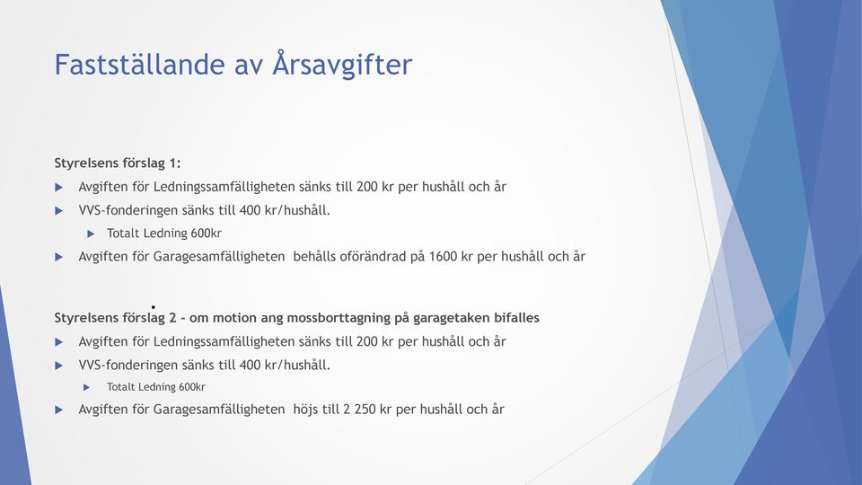 Totalt Ledning 600kr Avgiften för Garagesamfälligheten behålls oförändrad på 1600 kr per hushåll och år Styrelsens förslag 2 - om motion