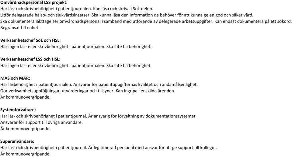 Verksamhetschef SoL och HSL: Har ingen läs- eller skrivbehörighet i patientjournalen. Ska inte ha behörighet. Verksamhetschef LSS och HSL: Har ingen läs- eller skrivbehörighet i patientjournalen.