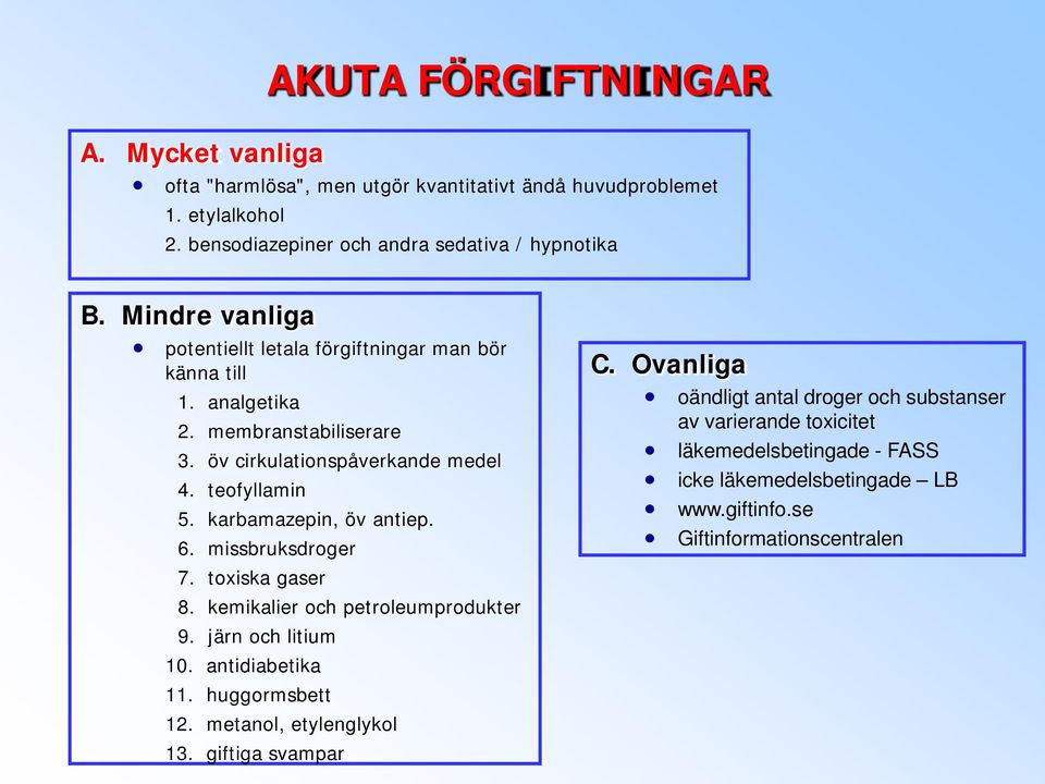 karbamazepin, öv antiep. 6. missbruksdroger 7. toxiska gaser 8. kemikalier och petroleumprodukter 9. järn och litium 10. antidiabetika 11. huggormsbett 12.