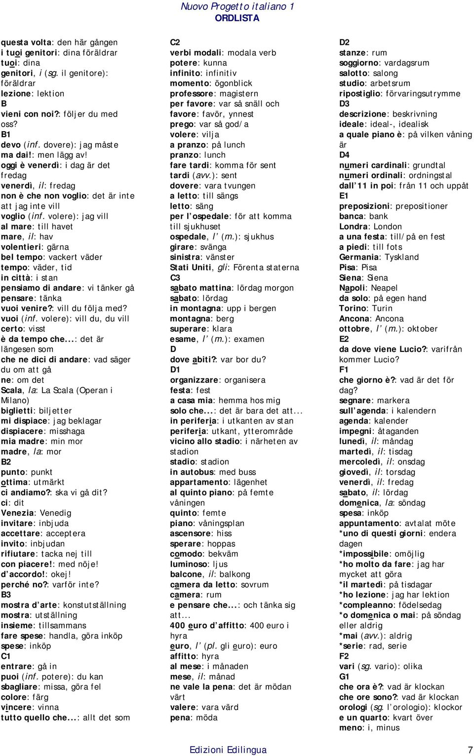 volere): jag vill al mare: till havet mare, il: hav volentieri: gärna bel tempo: vackert väder tempo: väder, tid in città: i stan pensiamo di andare: vi tänker gå pensare: tänka vuoi venire?