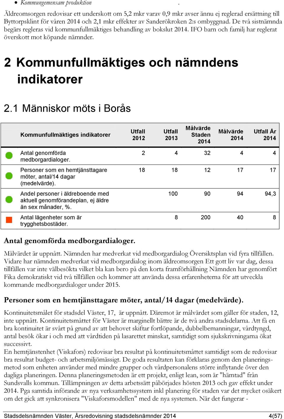 De två sistnämnda begärs regleras vid kommunfullmäktiges behandling av bokslut 2014. IFO barn och familj har reglerat överskott mot köpande nämnder. 2 Kommunfullmäktiges och nämndens indikatorer 2.