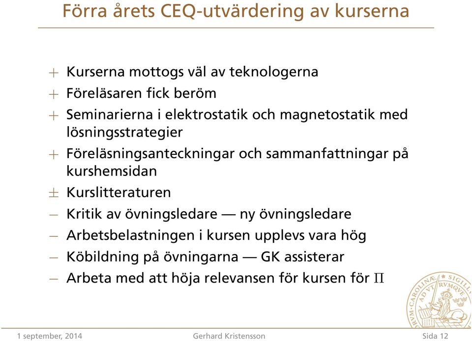 sammanfattningar på kurshemsidan ± Kurslitteraturen Kritik av övningsledare ny övningsledare