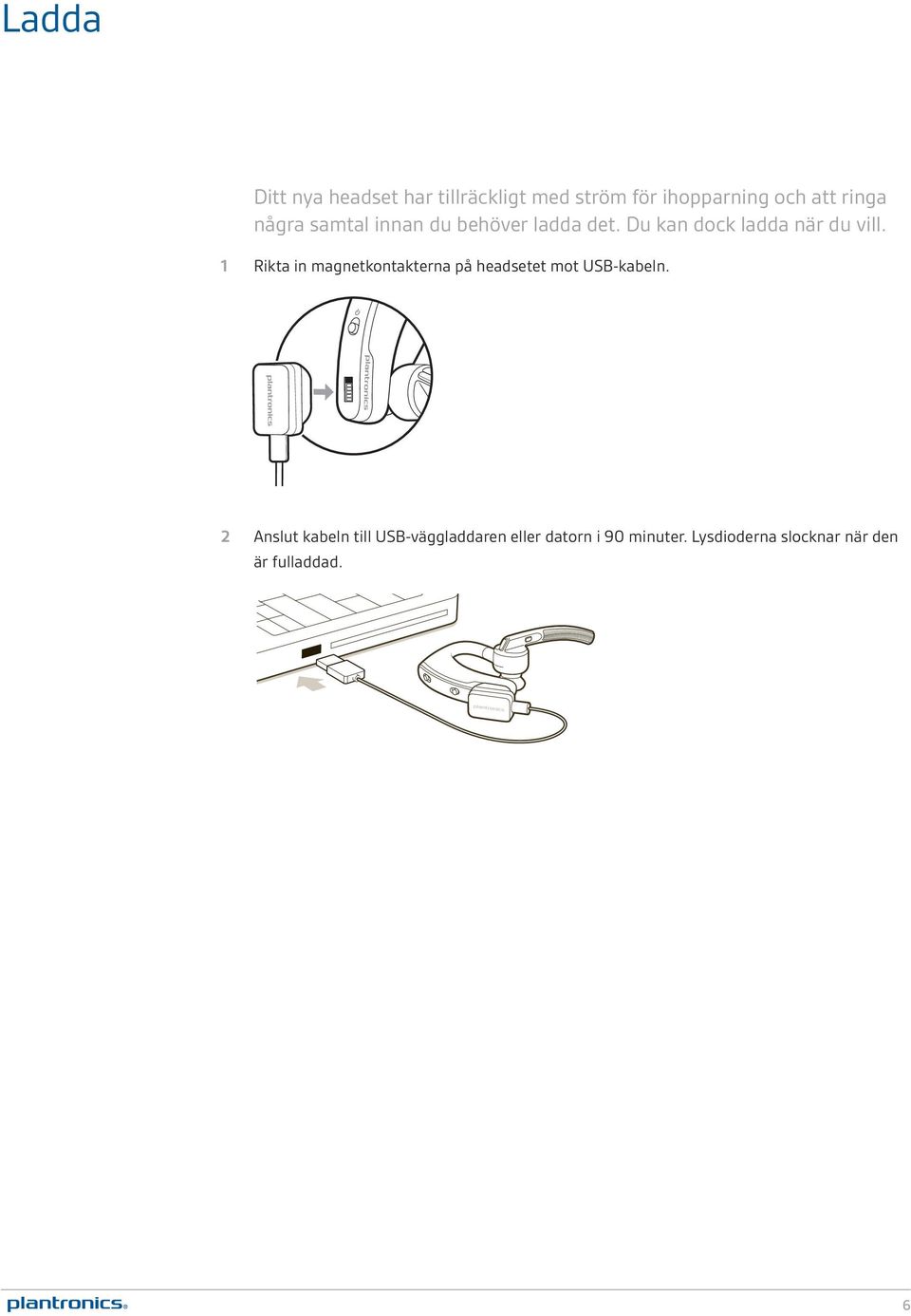 1 Rikta in magnetkontakterna på headsetet mot USB-kabeln.