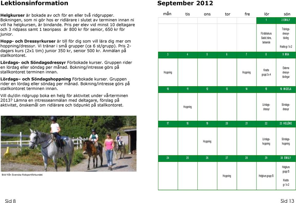 Vi tränar i små grupper (ca 6 st/grupp). Pris 2- dagars kurs (2x1 tim) junior 350 kr, senior 500 kr. Anmälan på stallkontoret. Lördags- och Söndagsdressyr Förbokade kurser.