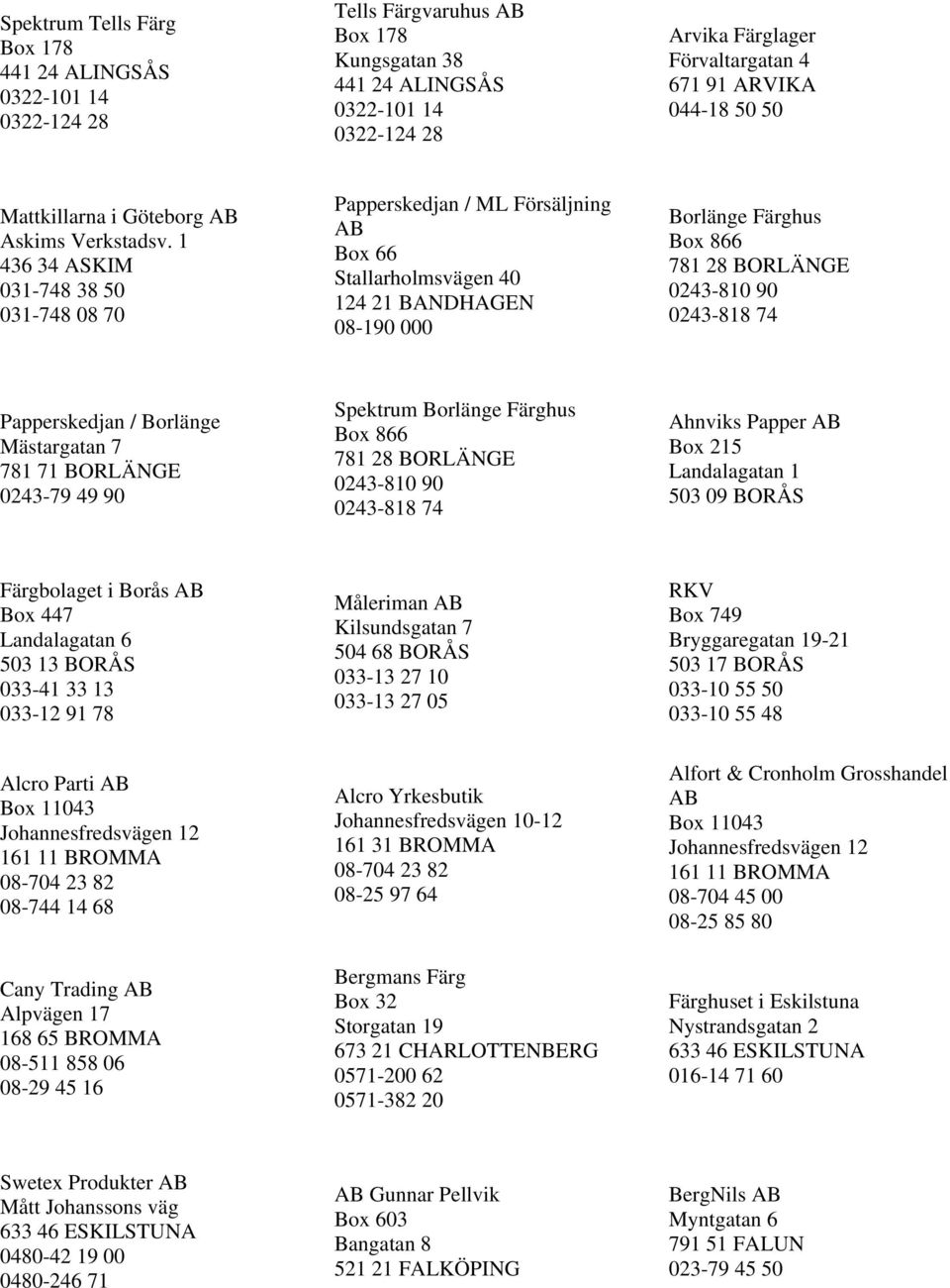 1 436 34 ASKIM 031-748 38 50 031-748 08 70 Papperskedjan / ML Försäljning AB Box 66 Stallarholmsvägen 40 124 21 BANDHAGEN 08-190 000 Borlänge Färghus Box 866 781 28 BORLÄNGE 0243-810 90 0243-818 74