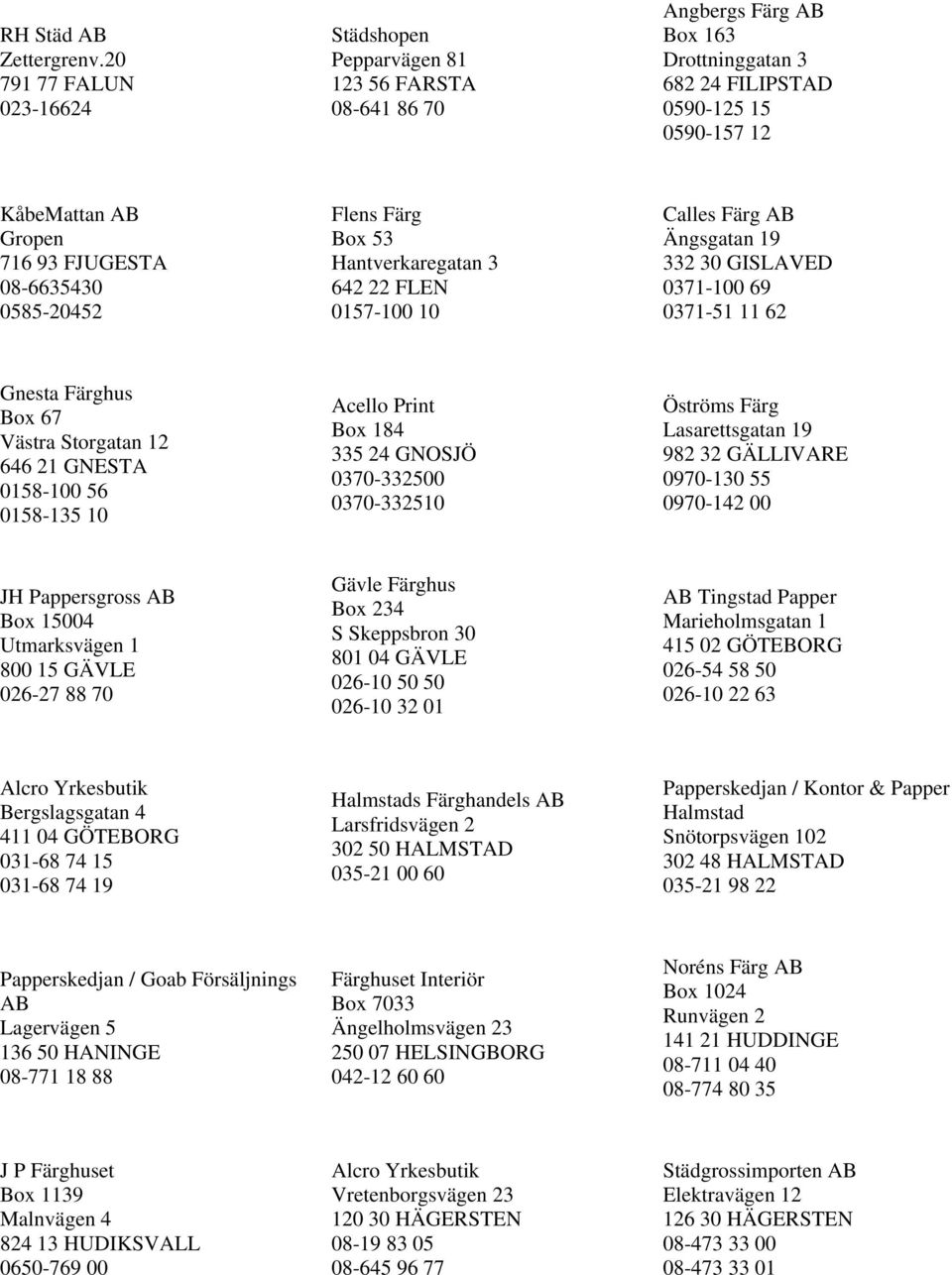 08-6635430 0585-20452 Flens Färg Box 53 Hantverkaregatan 3 642 22 FLEN 0157-100 10 Calles Färg AB Ängsgatan 19 332 30 GISLAVED 0371-100 69 0371-51 11 62 Gnesta Färghus Box 67 Västra Storgatan 12 646