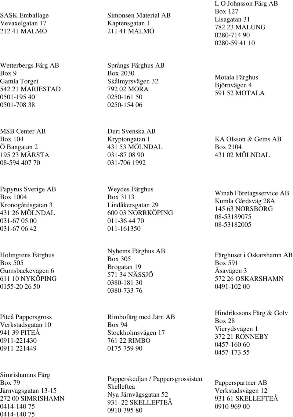 104 Ö Bangatan 2 195 23 MÄRSTA 08-594 407 70 Duri Svenska AB Kryptongatan 1 431 53 MÖLNDAL 031-87 08 90 031-706 1992 KA Olsson & Gems AB Box 2104 431 02 MÖLNDAL Papyrus Sverige AB Box 1004