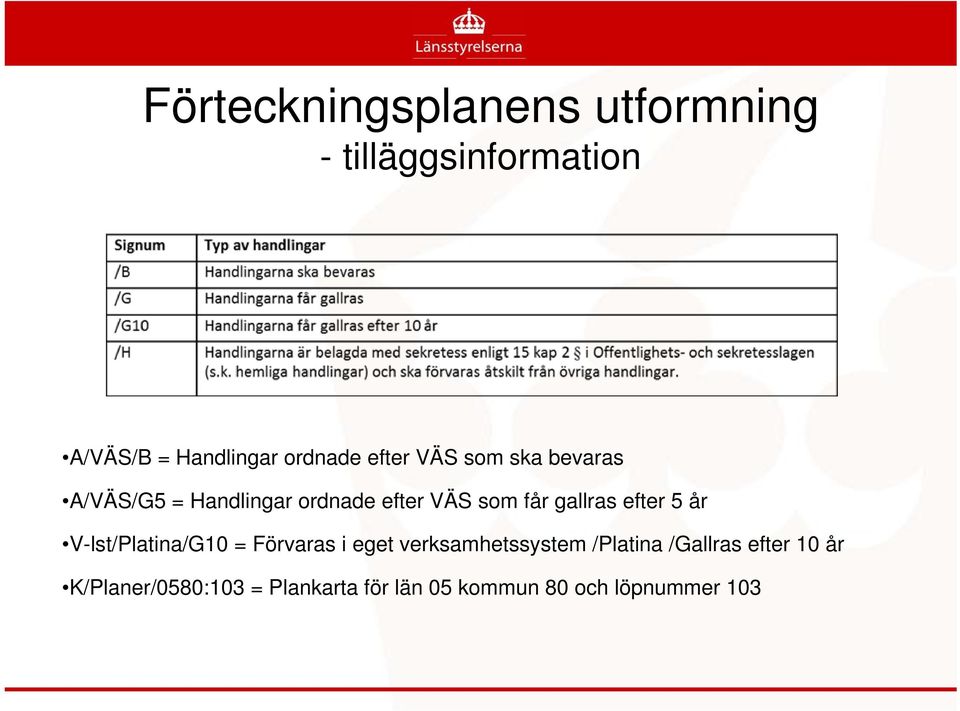 efter 5 år V-lst/Platina/G10 = Förvaras i eget verksamhetssystem /Platina