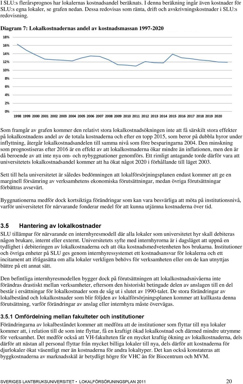 Diagram 7: Lokalkostnadernas andel av kostnadsmassan 1997-2020 Som framgår av grafen kommer den relativt stora lokalkostnadsökningen inte att få särskilt stora effekter på lokalkostnadens andel av de