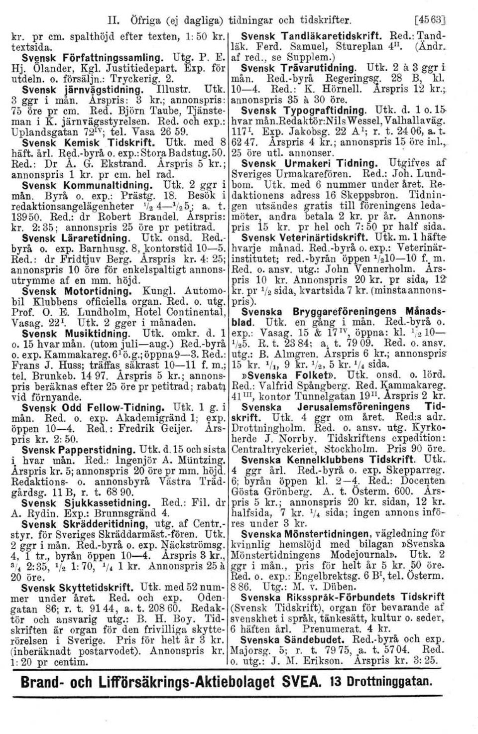 Svensk järnv~gstidning. Illustr. Utk. 10-4. Red.: K. Hörnell. Arspris 12 kr.;. 3 ggr i mån. Arspris : 3 kr.: annonspris : annonspris 35 a 30 öre. 75 öre pr cm. Red. Björn Taube, Tjänste- Svensk Typograftidning.