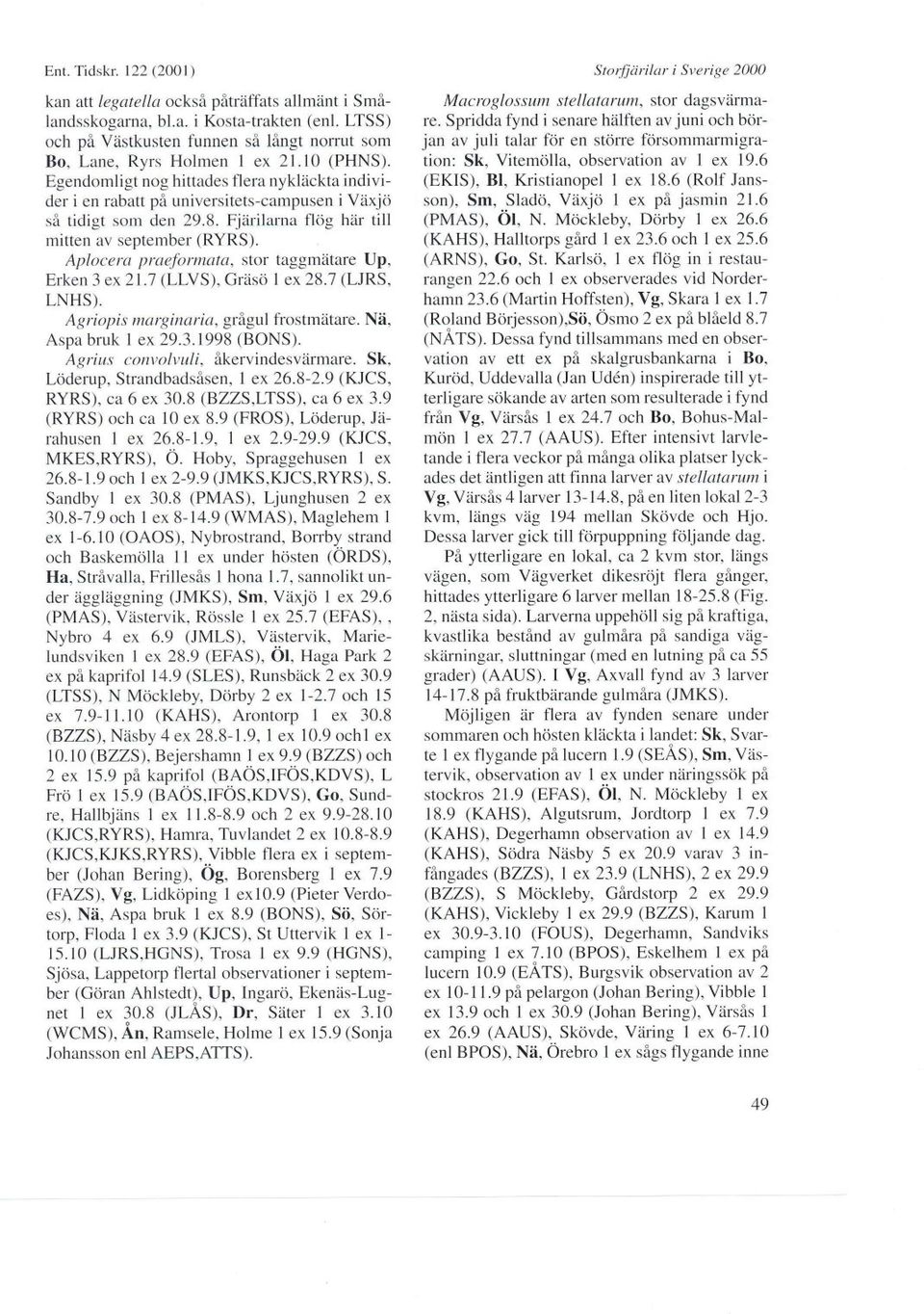 Aplocera praefnrmata, stor taggmätare Up, Erken 3 ex21.l (LLVS), Gräsö I ex28.l (LJRS, LNHS). Agriopis marginarin, grågul iiostmätare. Nä, Aspabruk I ex29.3.1998 (BONS).