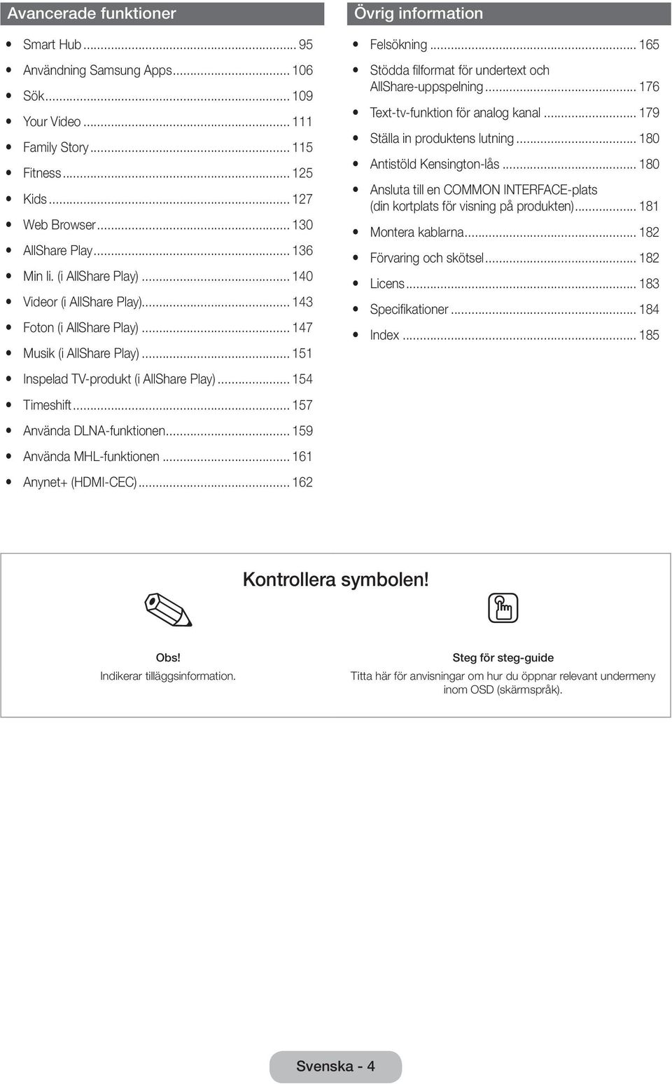 .. 157 y Använda DLNA-funktionen... 159 y Använda MHL-funktionen... 161 y Anynet+ (HDMI-CEC)... 162 Övrig information y Felsökning... 165 y Stödda filformat för undertext och AllShare-uppspelning.