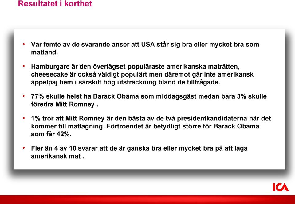 utsträckning bland de tillfrågade. 77% skulle helst ha Barack Obama som middagsgäst medan bara 3% skulle föredra Mitt Romney.