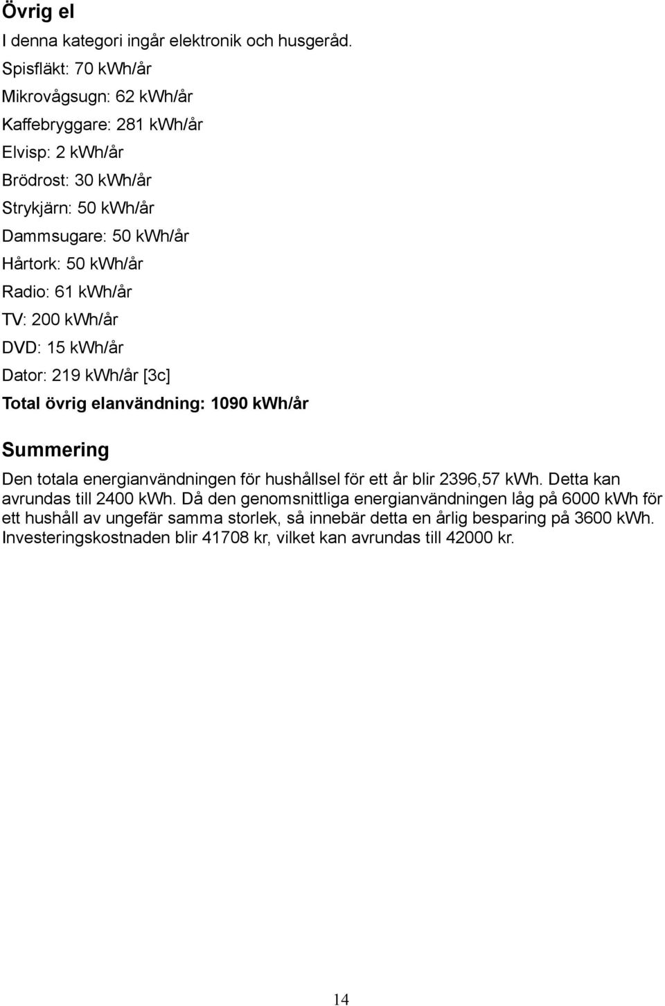 kwh/år Radio: 61 kwh/år TV: 2 kwh/år DVD: 15 kwh/år Dator: 219 kwh/år [3c] Total övrig elanvändning: 19 kwh/år Summering Den totala energianvändningen för