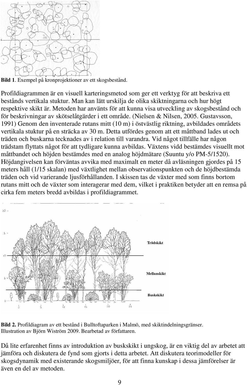 (Nielsen & Nilsen, 2005. Gustavsson, 1991) Genom den inventerade rutans mitt (10 m) i östvästlig riktning, avbildades områdets vertikala stuktur på en sträcka av 30 m.