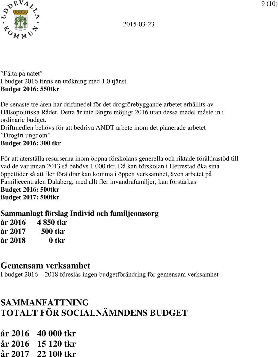 Driftmedlen behövs för att bedriva ANDT arbete inom det planerade arbetet Drogfri ungdom Budget 2016: 300 tkr För att återställa resurserna inom öppna förskolans generella och riktade föräldrastöd