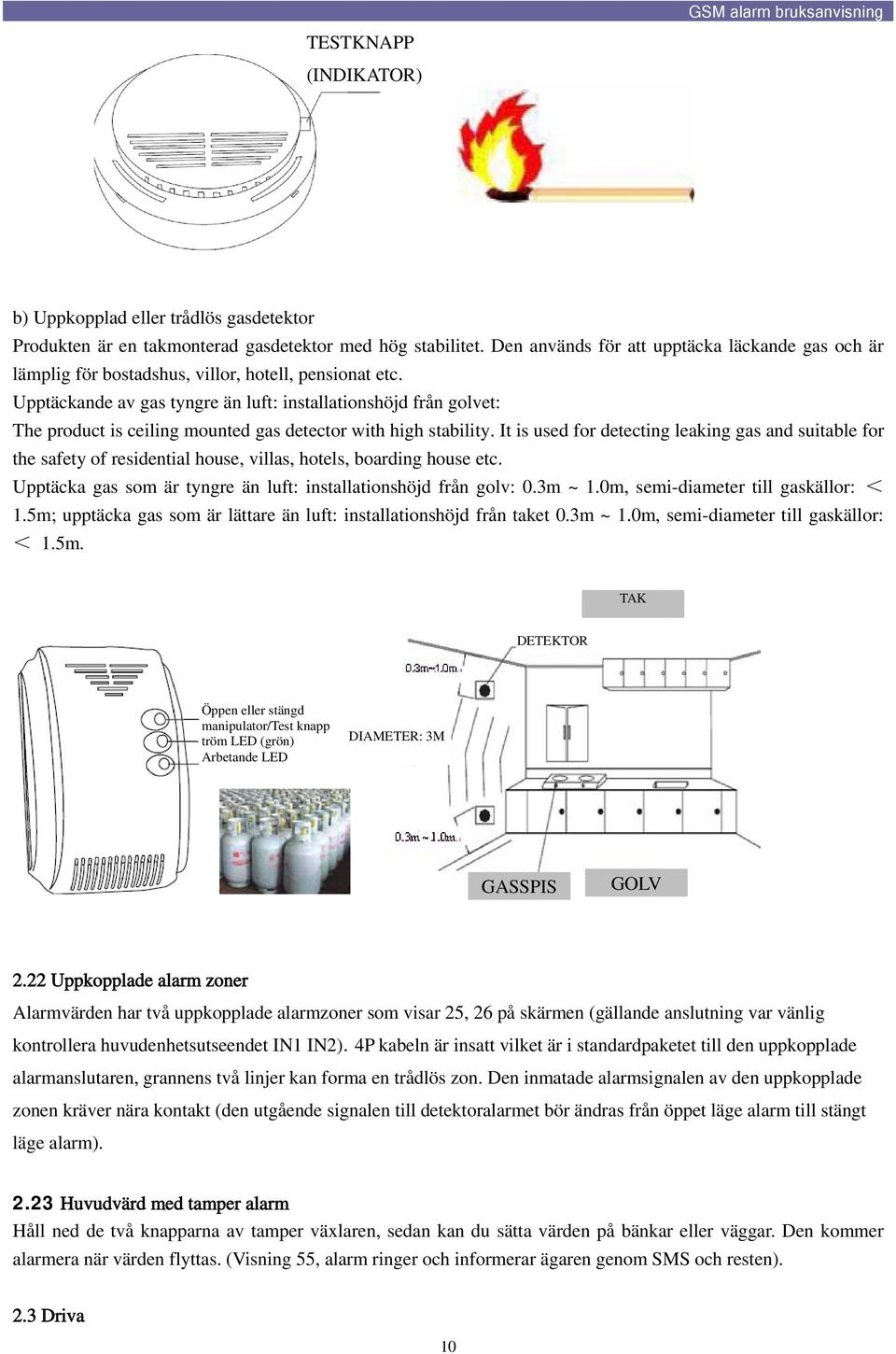 Upptäckande av gas tyngre än luft: installationshöjd från golvet: The product is ceiling mounted gas detector with high stability.