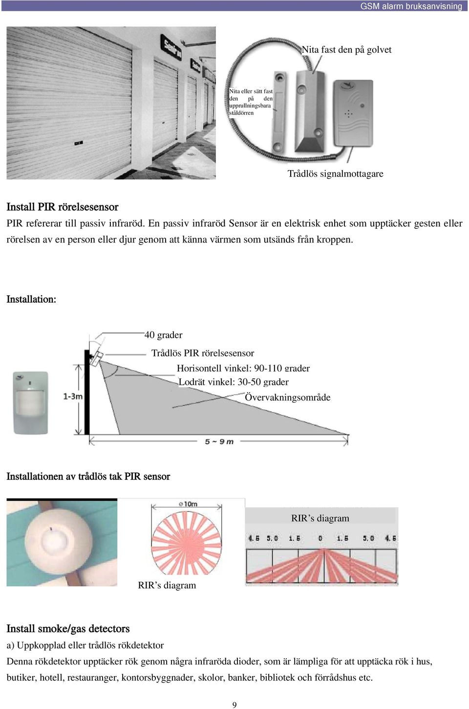 Installation: 40 grader Trådlös PIR rörelsesensor Horisontell vinkel: 90-110 grader Lodrät vinkel: 30-50 grader Övervakningsområde Installationen av trådlös tak PIR sensor RIR s diagram RIR s diagram