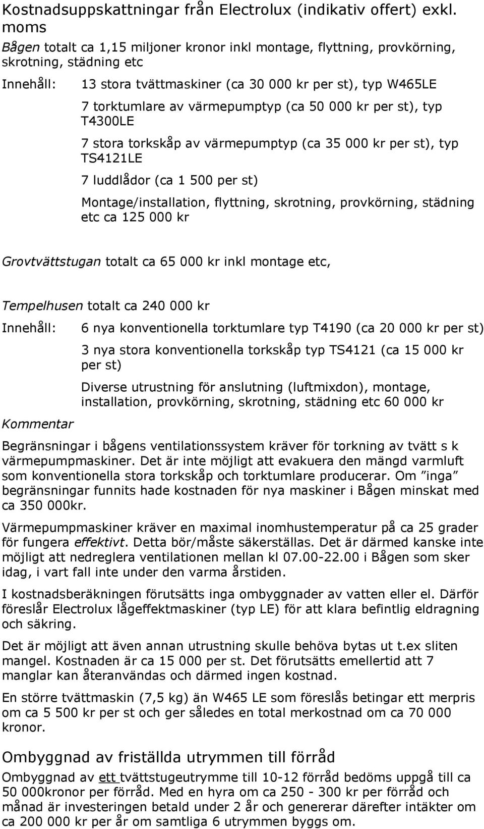 värmepumptyp (ca 50 000 kr per st), typ T4300LE 7 stora torkskåp av värmepumptyp (ca 35 000 kr per st), typ TS4121LE 7 luddlådor (ca 1 500 per st) Montage/installation, flyttning, skrotning,