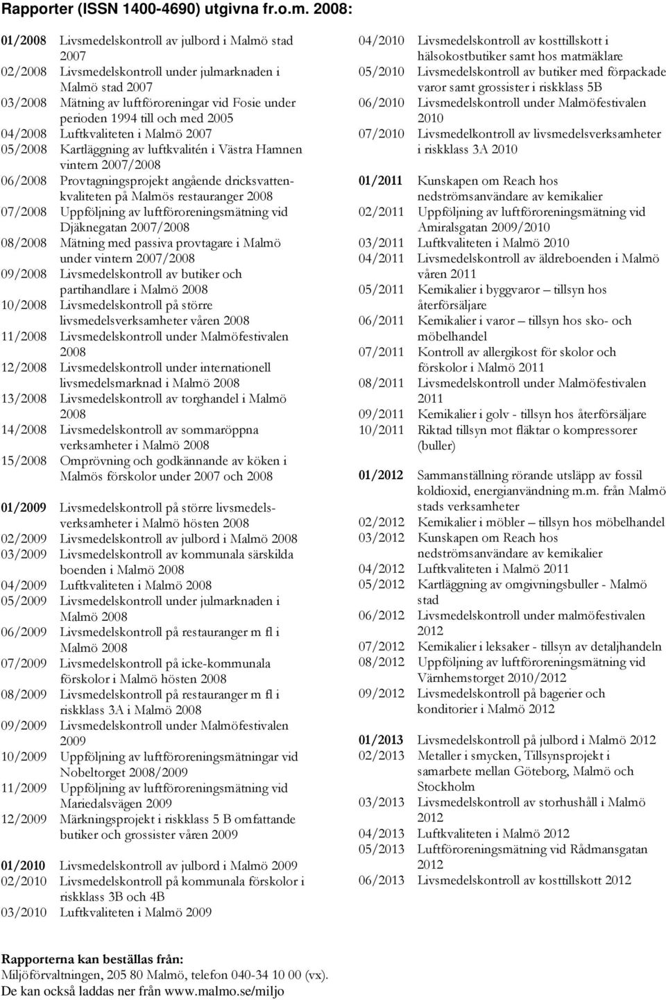 och med 2005 04/2008 Luftkvaliteten i Malmö 2007 05/2008 Kartläggning av luftkvalitén i Västra Hamnen vintern 2007/2008 06/2008 Provtagningsprojekt angående dricksvattenkvaliteten på Malmös