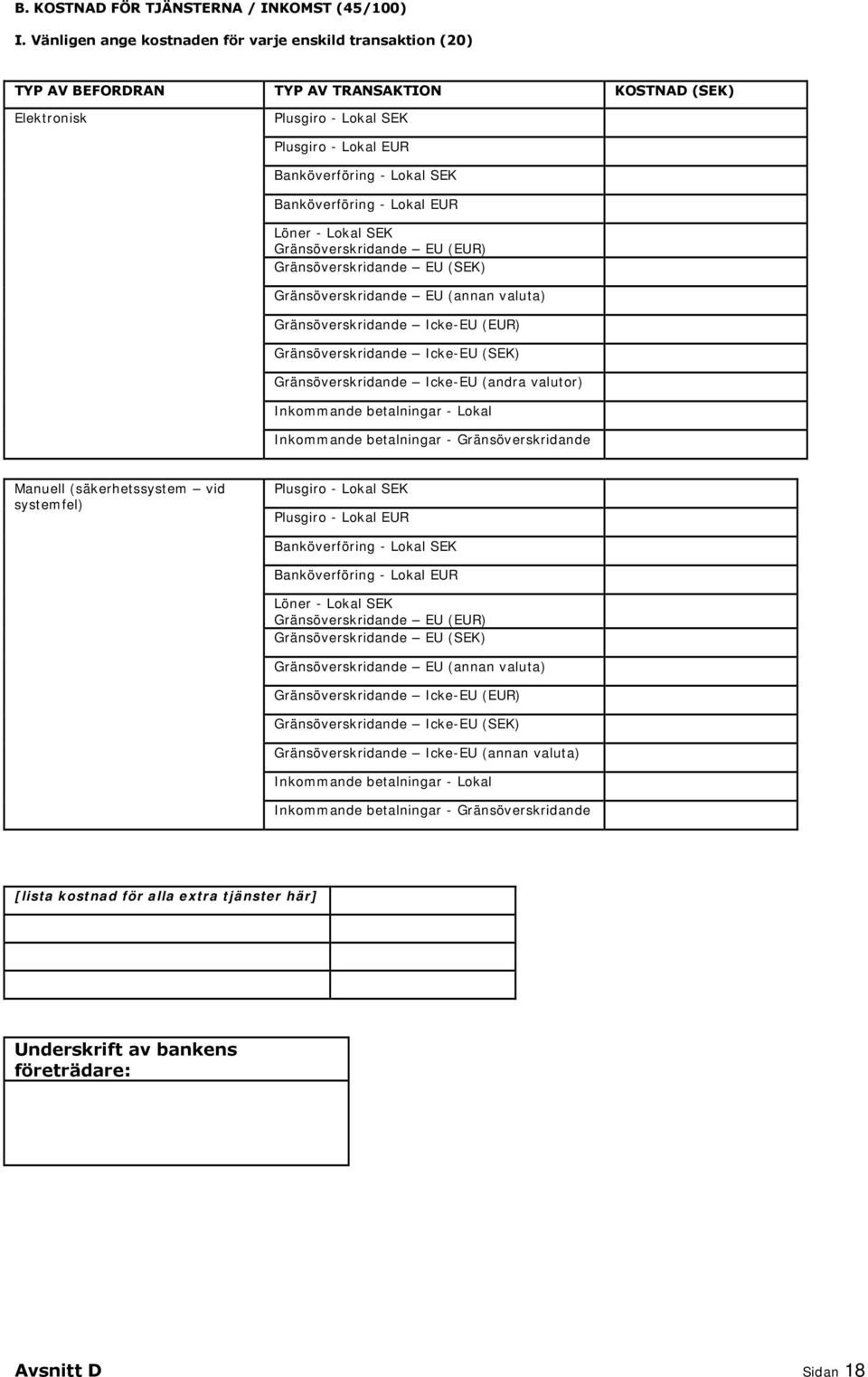 Banköverföring - Lokal EUR Löner - Lokal SEK Gränsöverskridande EU (EUR) Gränsöverskridande EU (SEK) Gränsöverskridande EU (annan valuta) Gränsöverskridande Icke-EU (EUR) Gränsöverskridande Icke-EU