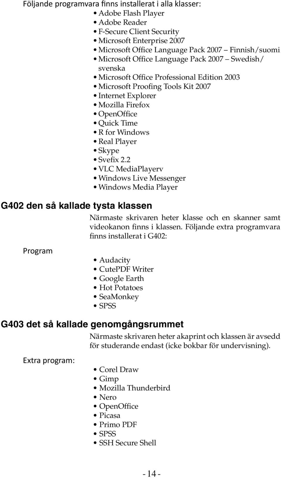 Player Skype Svefix 2.2 VLC MediaPlayerv Windows Live Messenger Windows Media Player G402 den så kallade tysta klassen Närmaste skrivaren heter klasse och en skanner samt videokanon finns i klassen.