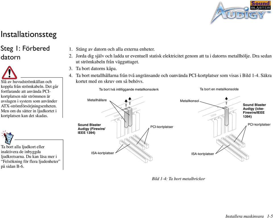 Stäng av datorn och alla externa enheter. 2. Jorda dig själv och ladda ur eventuell statisk elektricitet genom att ta i datorns metallhölje. Dra sedan ut strömkabeln från vägguttaget. 3.