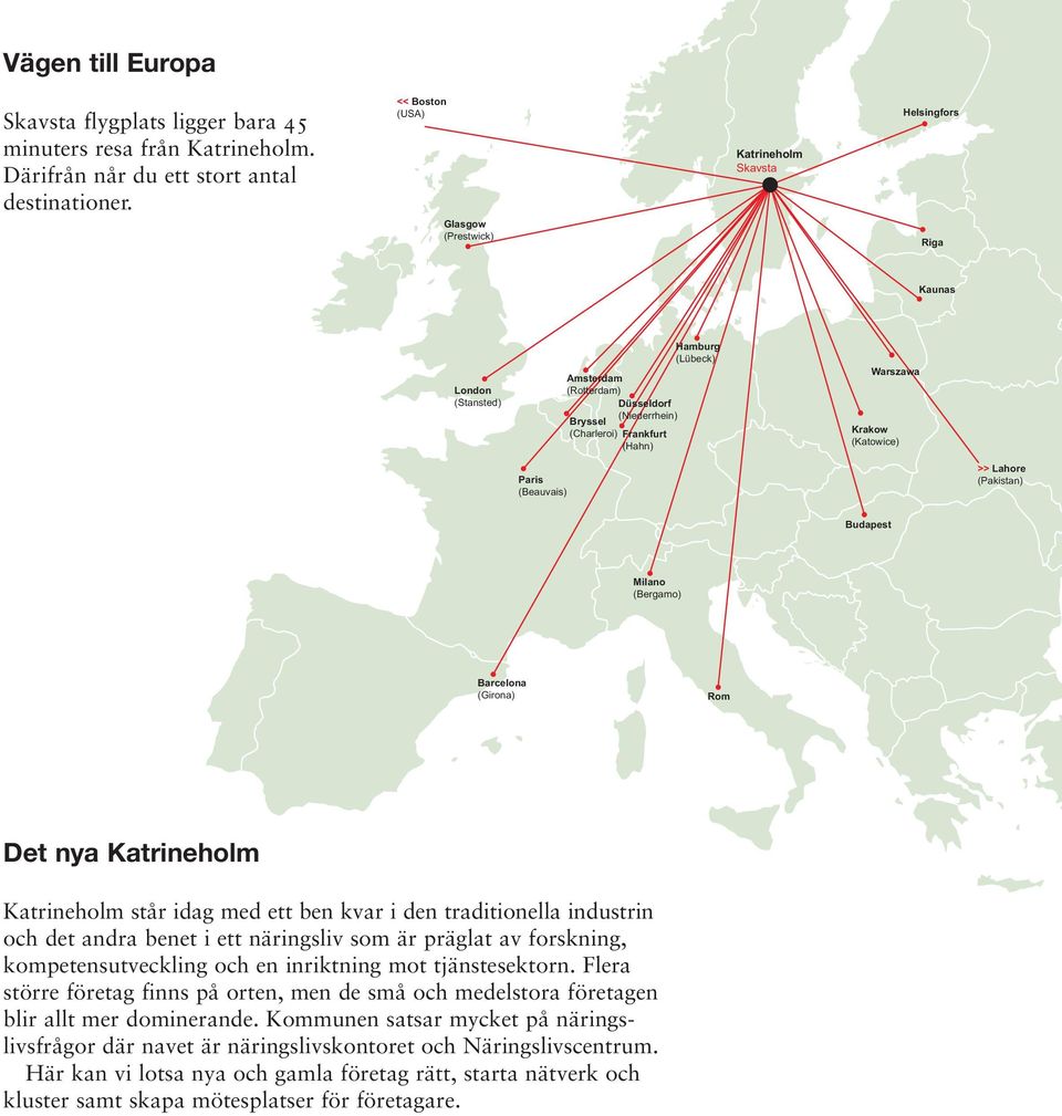 Warszawa Krakow (Katowice) Paris (Beauvais) >> Lahore (Pakistan) Budapest Milano (Bergamo) Barcelona (Girona) Rom Det nya Katrineholm Katrineholm står idag med ett ben kvar i den traditionella