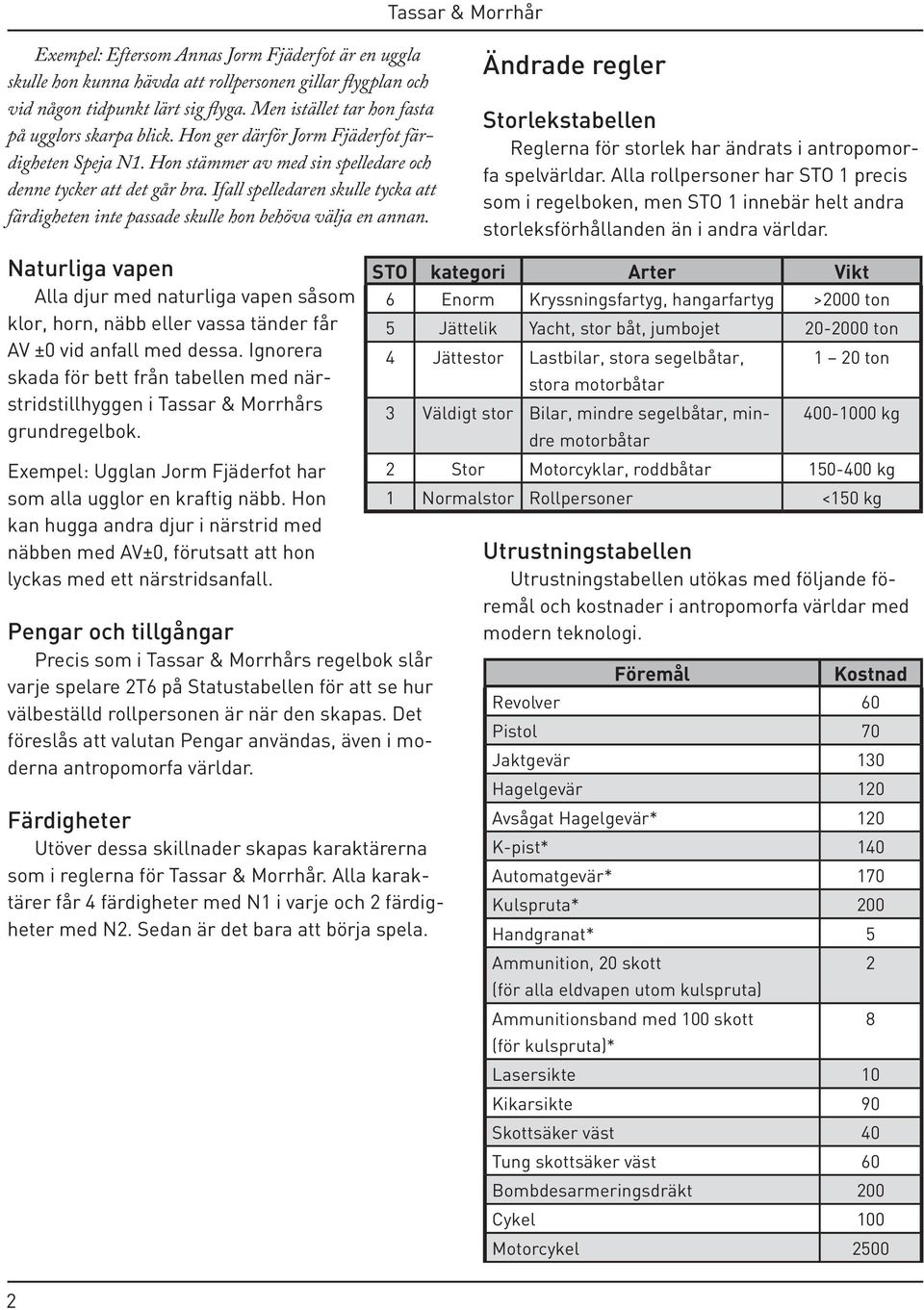 Ifall spelledaren skulle tycka att färdigheten inte passade skulle hon behöva välja en annan. Ändrade regler Storlekstabellen Reglerna för storlek har ändrats i antropomorfa spelvärldar.