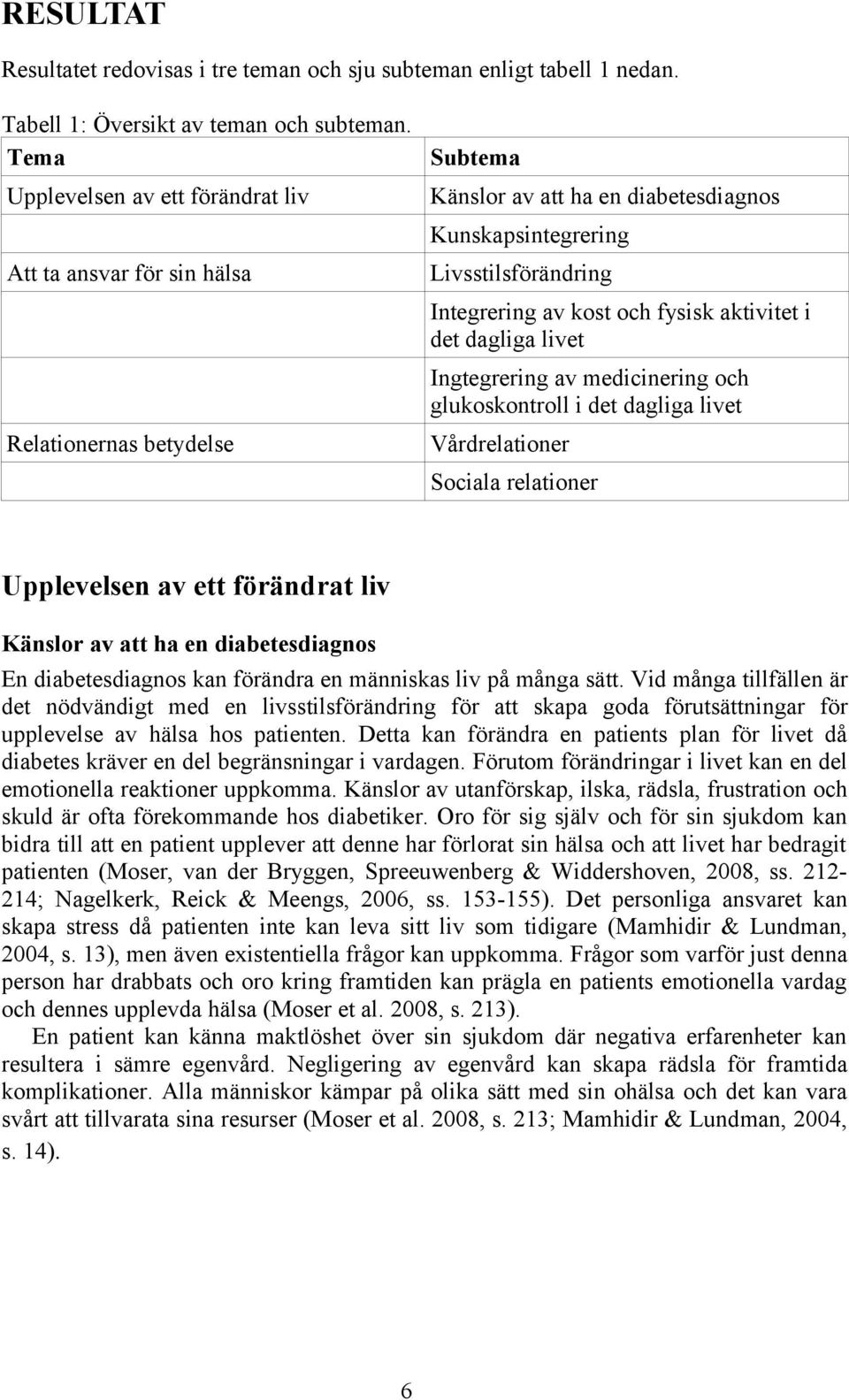 fysisk aktivitet i det dagliga livet Ingtegrering av medicinering och glukoskontroll i det dagliga livet Vårdrelationer Sociala relationer Upplevelsen av ett förändrat liv Känslor av att ha en