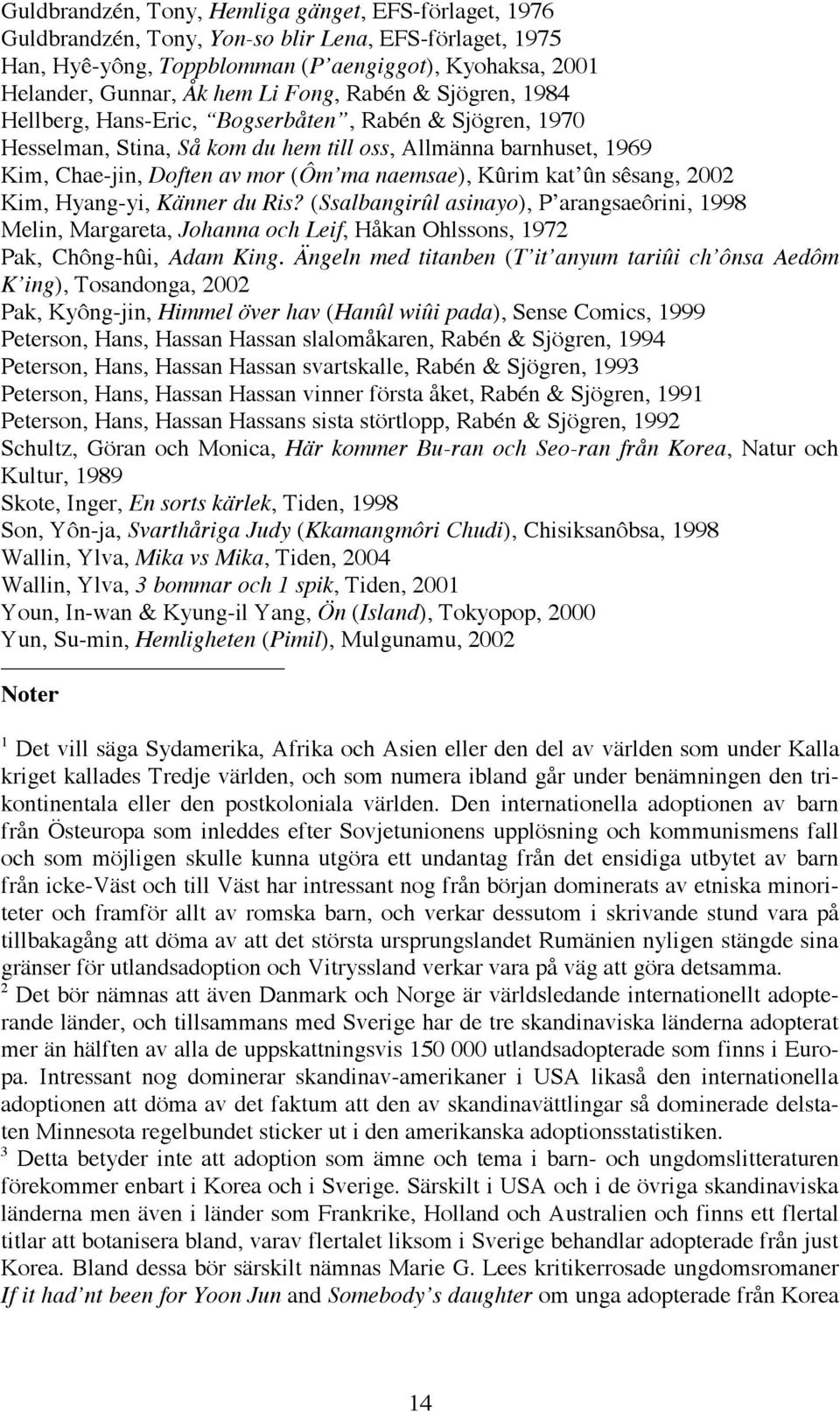 Kûrim kat ûn sêsang, 2002 Kim, Hyang-yi, Känner du Ris? (Ssalbangirûl asinayo), P arangsaeôrini, 1998 Melin, Margareta, Johanna och Leif, Håkan Ohlssons, 1972 Pak, Chông-hûi, Adam King.